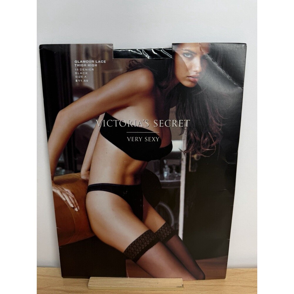 VTG Victoria’s Secret Very Sexy Glamour Lace Thigh High Black 15 Denier Sz A NOS